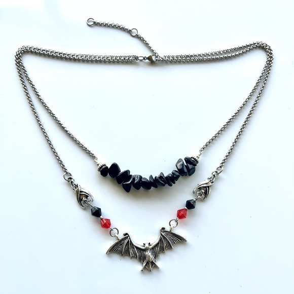 Silver Bat choker necklace . Double layer onyx chips & bats Handmade goth boho - Picture 12 of 16